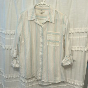 Style & Co long sleeve button down stripe pastel pink blue peach M